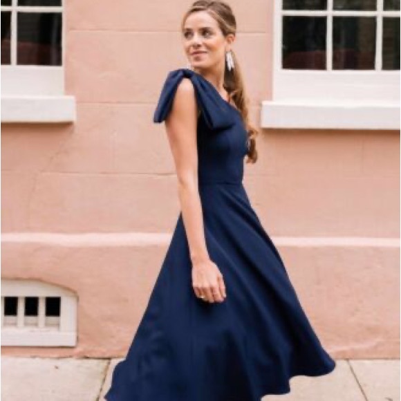 Size 4 Navy Anthropologie one shoulder, bow dress. Great quality, worn once - Picture 2 of 3